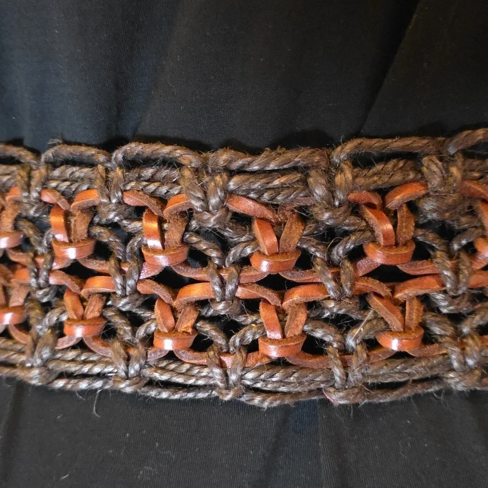 Vintage Woven Brown Macrame and Leather Wide Belt Gold Buckle Fits Up to 32